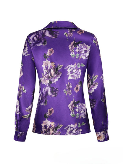 Purple Satin Floral Print Long Sleeve Shirt