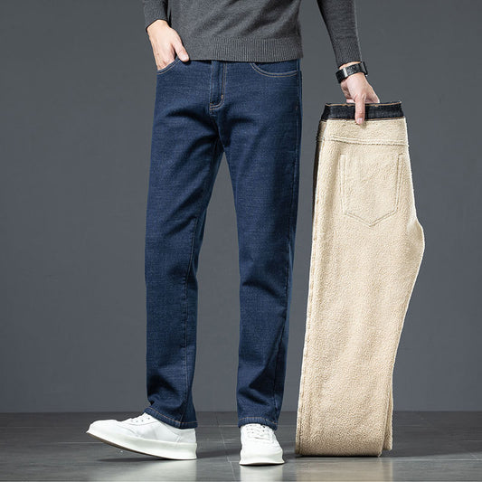 Men's Loose Straight Stretch Fleece-lined Jeans Thickened For Warmth With Lamb Fleece