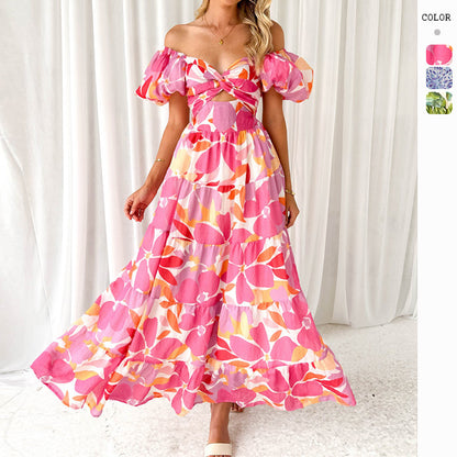 Women's Versatile Casual Waist-tied Puff-sleeve Flare Dress