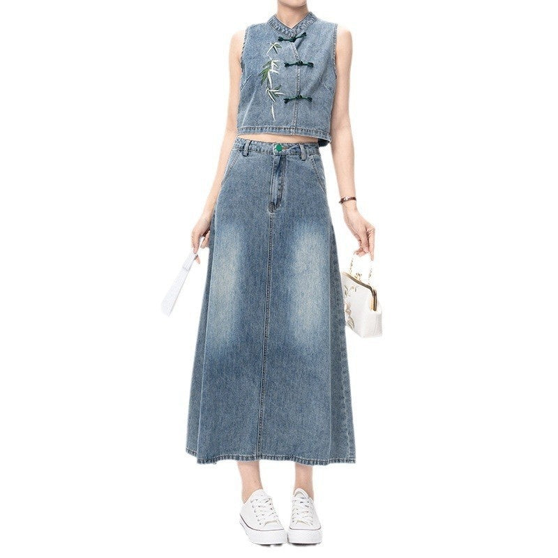 Embroidery High-waisted Slimming Long Dress Chinese Style Suit