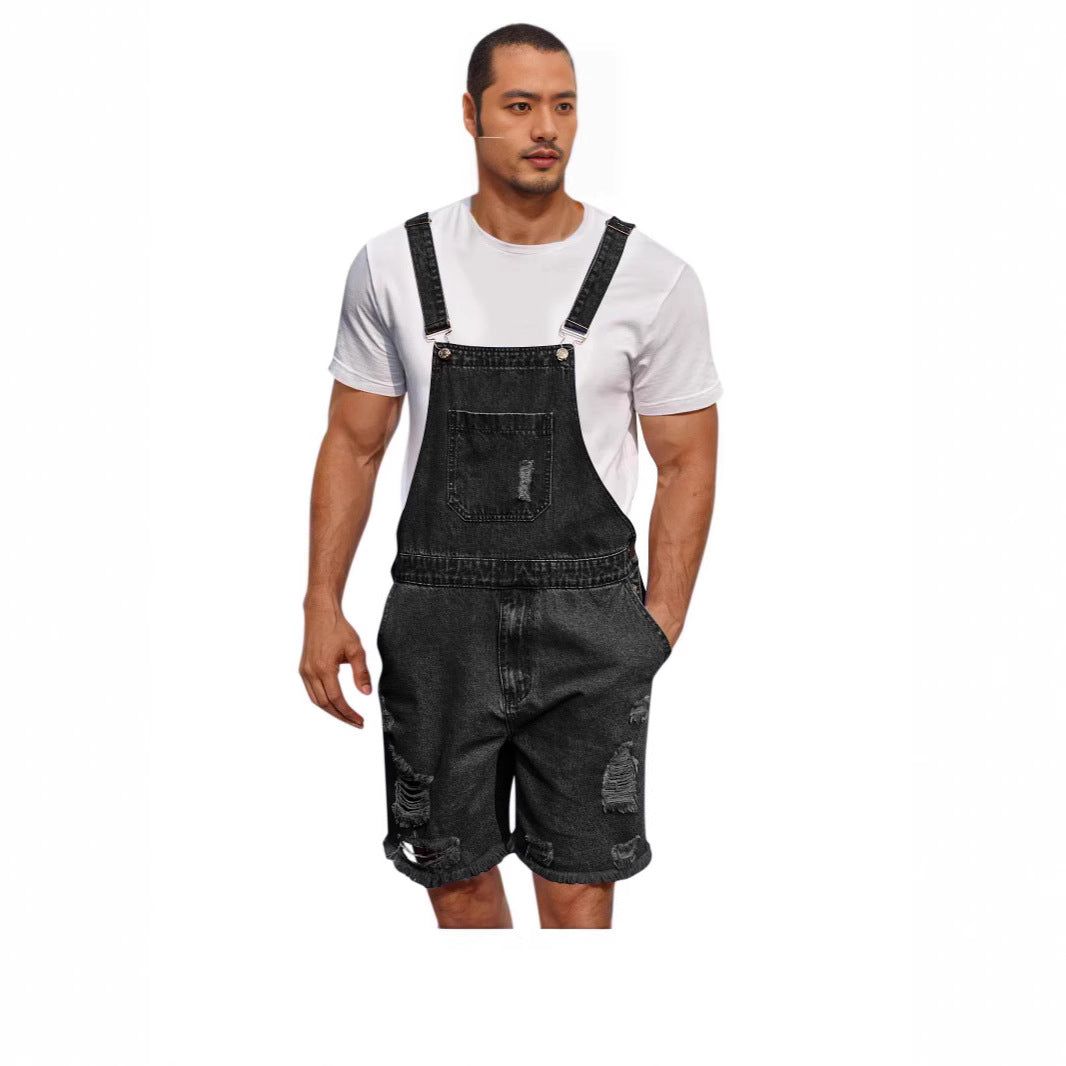 Ripped Leisure Men's Denim Suspender Shorts Jeans Men