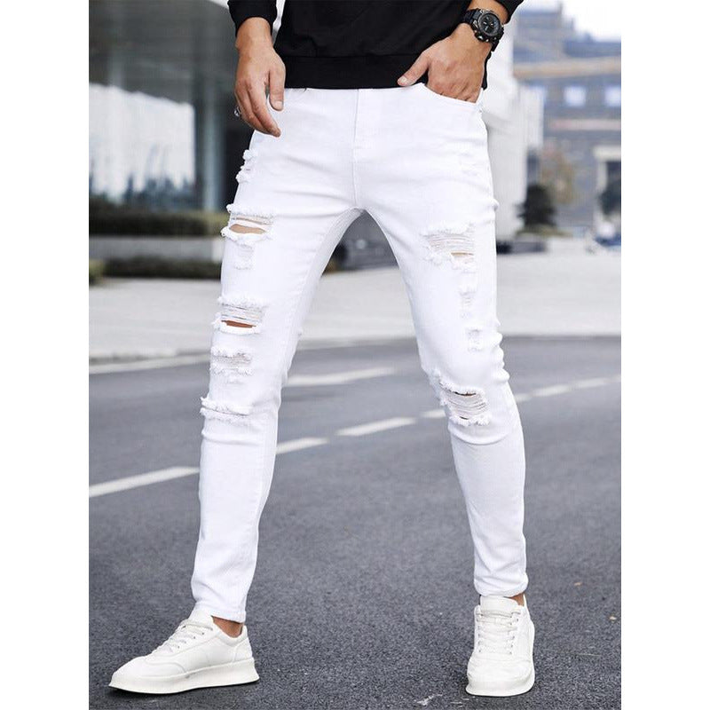 Men's Solid Color Cuffed Straight Jeans Casual And Comfortable Slim Fit