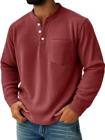 Corduroy Three-button Henry Collar Long-sleeved Shirt Polo Shirt
