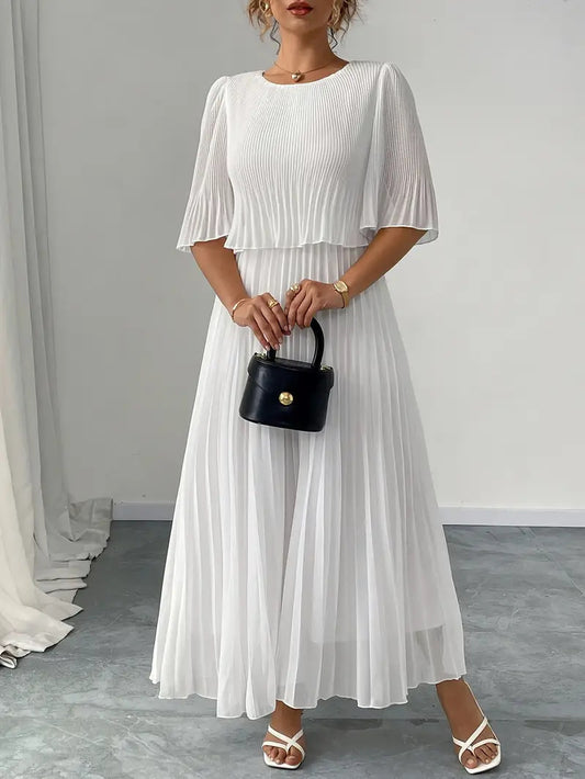 Chiffon A-line Skirt With Pleated Round Neck Long Sleeve Lightweight Solid Color Set