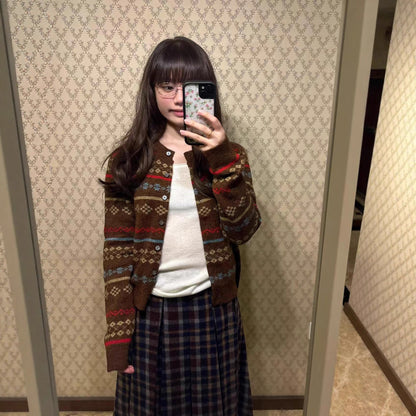 Fashion Color-block Round Neck Cardigan Sweater For Women