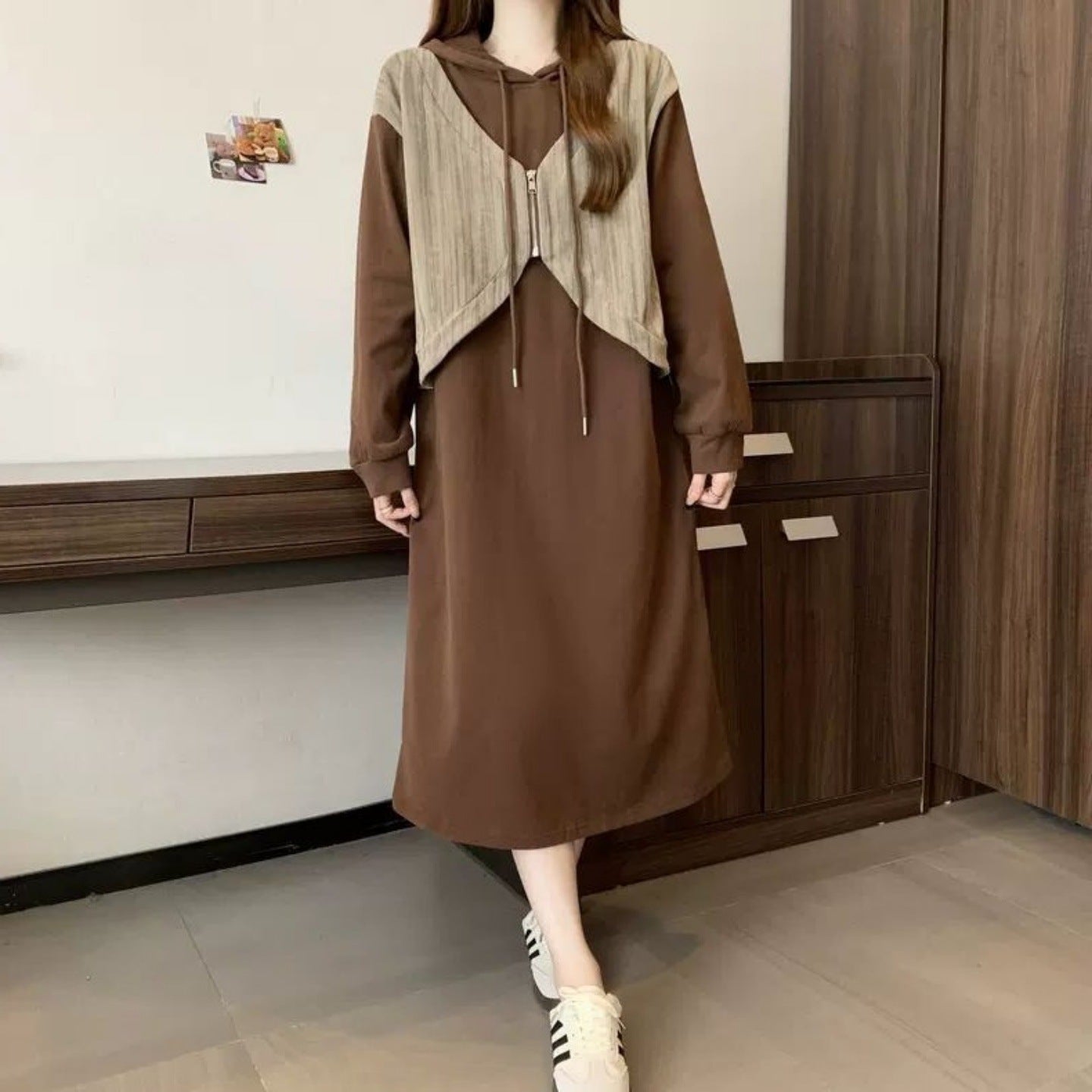Ladies' Fashion Hooded Fake Two-piece Long Sleeve Dress
