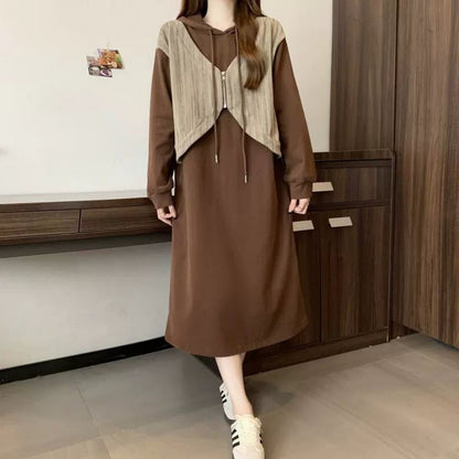 Ladies' Fashion Hooded Fake Two-piece Long Sleeve Dress