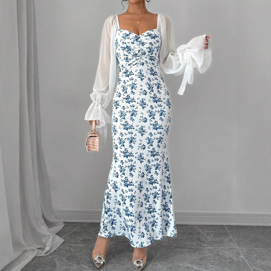 Long Sleeve V-neck Chiffon Spliced Knit Print Bodycon Dress