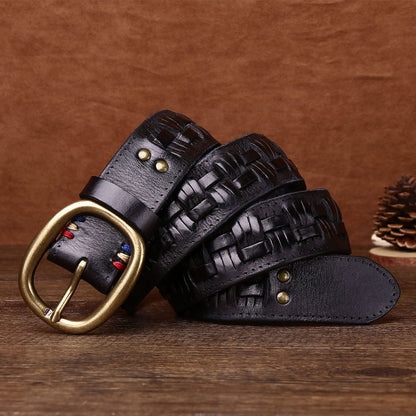Men's Hand-woven First Layer Cow Leather Belt Personalized Punch-free Brass Buckle