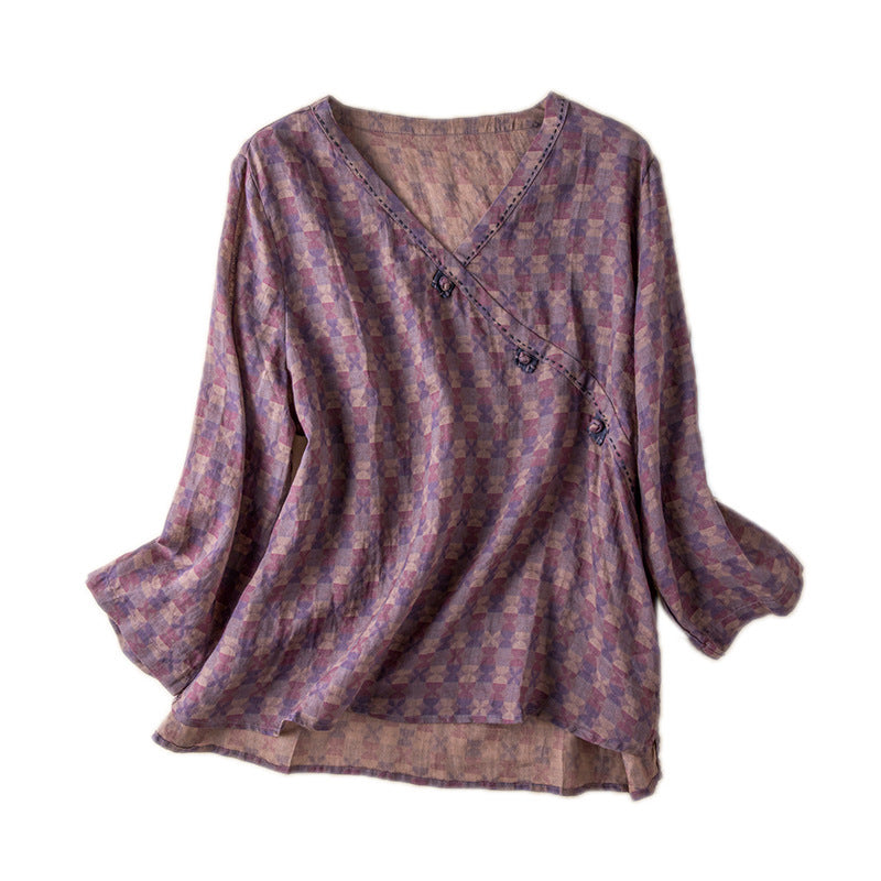 Spring New Linen V-neck Floral Retro Literary Shirt Women