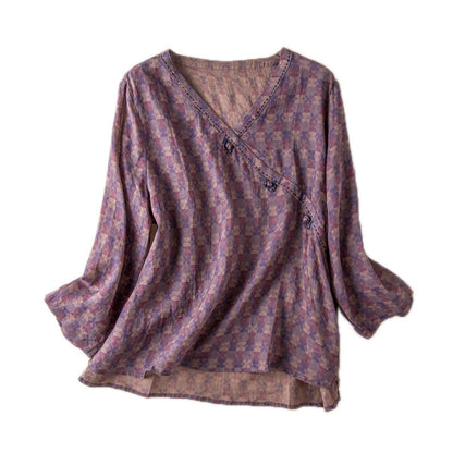 Spring New Linen V-neck Floral Retro Literary Shirt Women