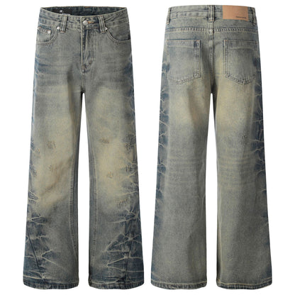 High-grade Design Washed Old Men's Loose Slightly Flared Jeans