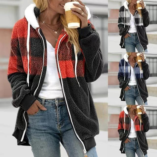 Plaid Color-block Fleece Hooded Zip-up Jacket