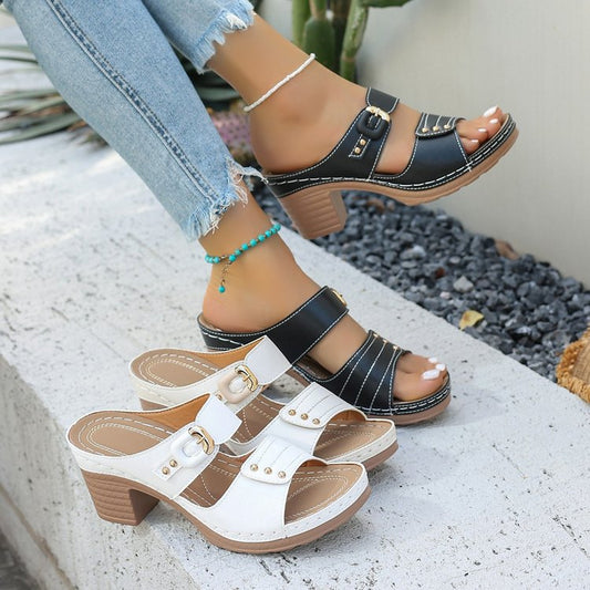 Open Toe Chunky Heel Embossed Outdoor Slippers