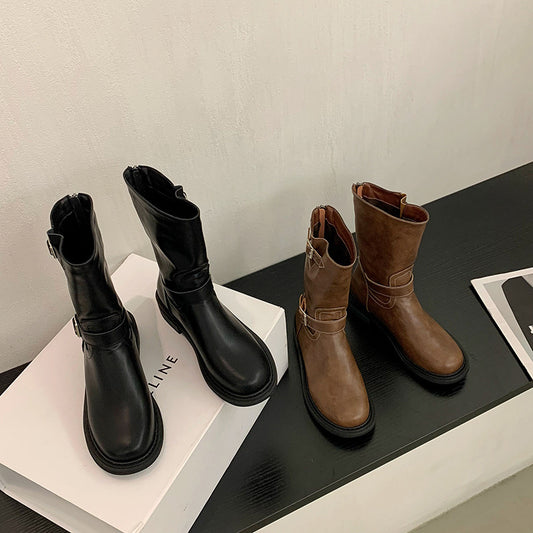 Women's Retro Western Cowboy Boots with Belt Buckle