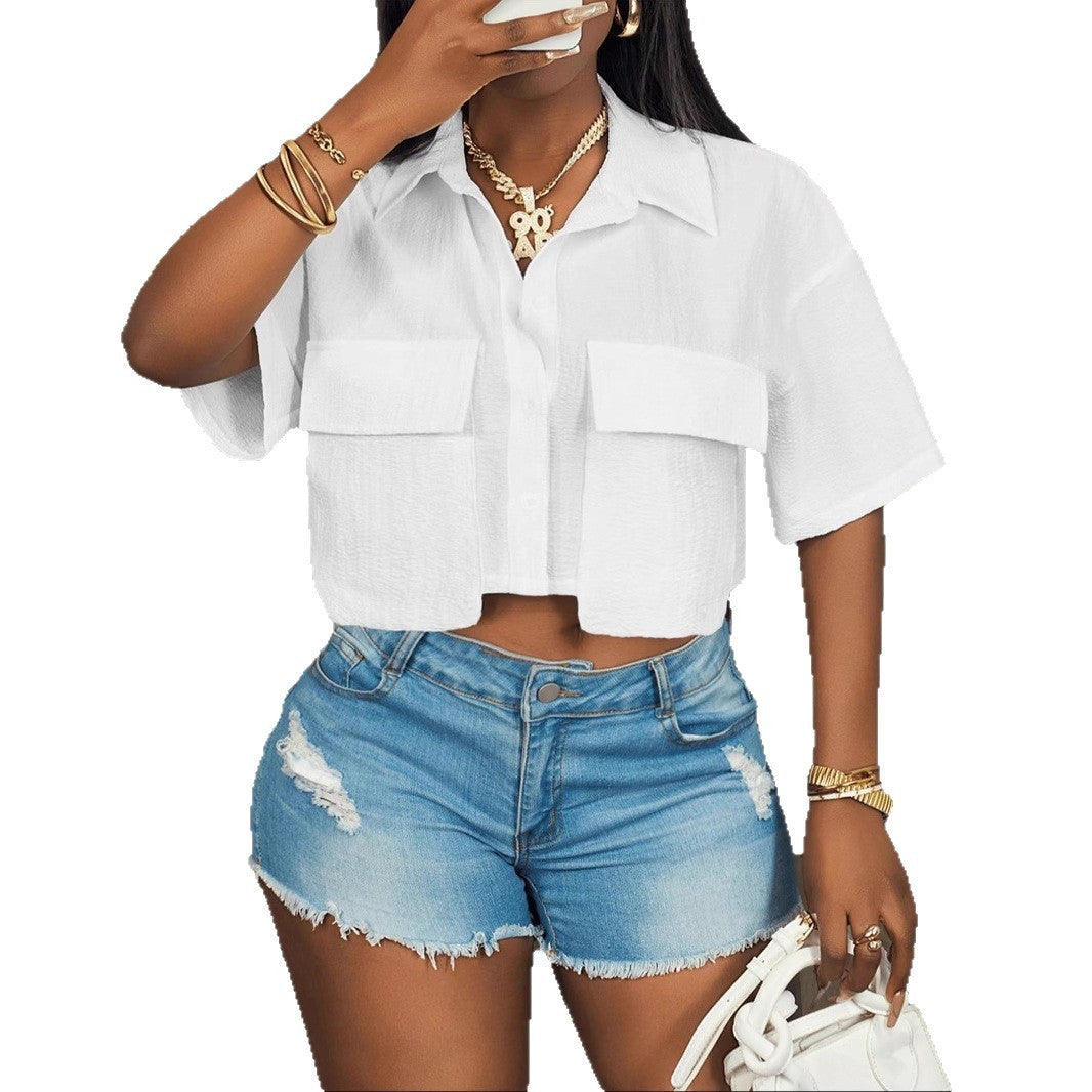 Women's Casual Fashion Pocket Short-sleeved Solid Color T-shirt