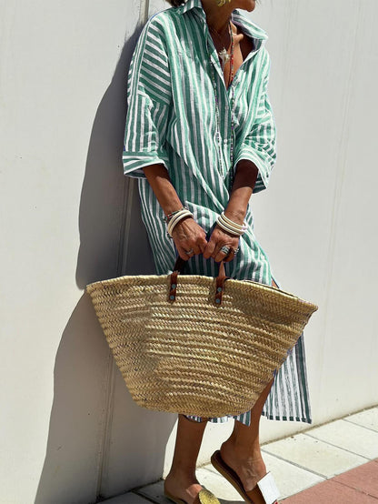 Women's Striped Shirt Dress with Belt - Half Sleeve