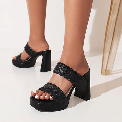 Round Toe Open Toe Side Empty Woven Foot Waterproof Platform Chunky Heel High Heel Sandals