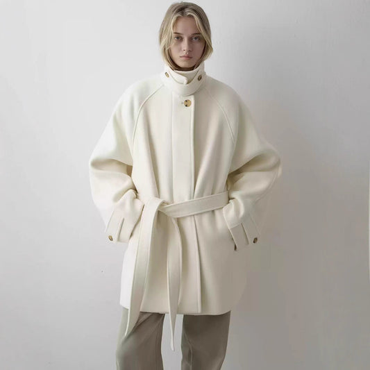 Elegant loose-fitting belted mid-length stand collar coat
