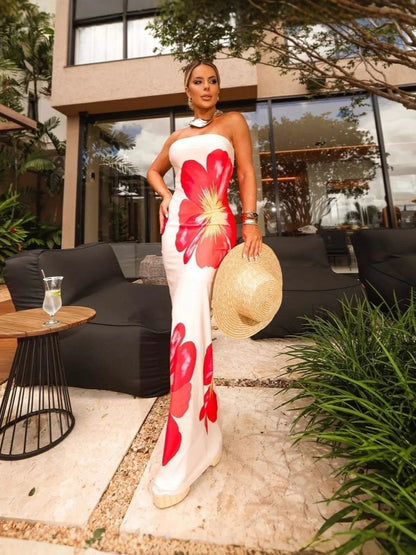 Lady's Sexy Strapless Slim-fit Printed Maxi Dress