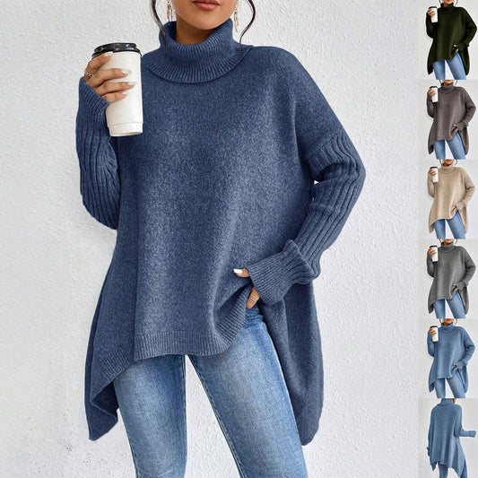 Women's Irregular Turtleneck Sweater - Loose Fit