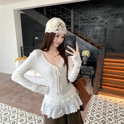 Spliced V-neck Tie Long Sleeve Women's Versatile Slimming Top