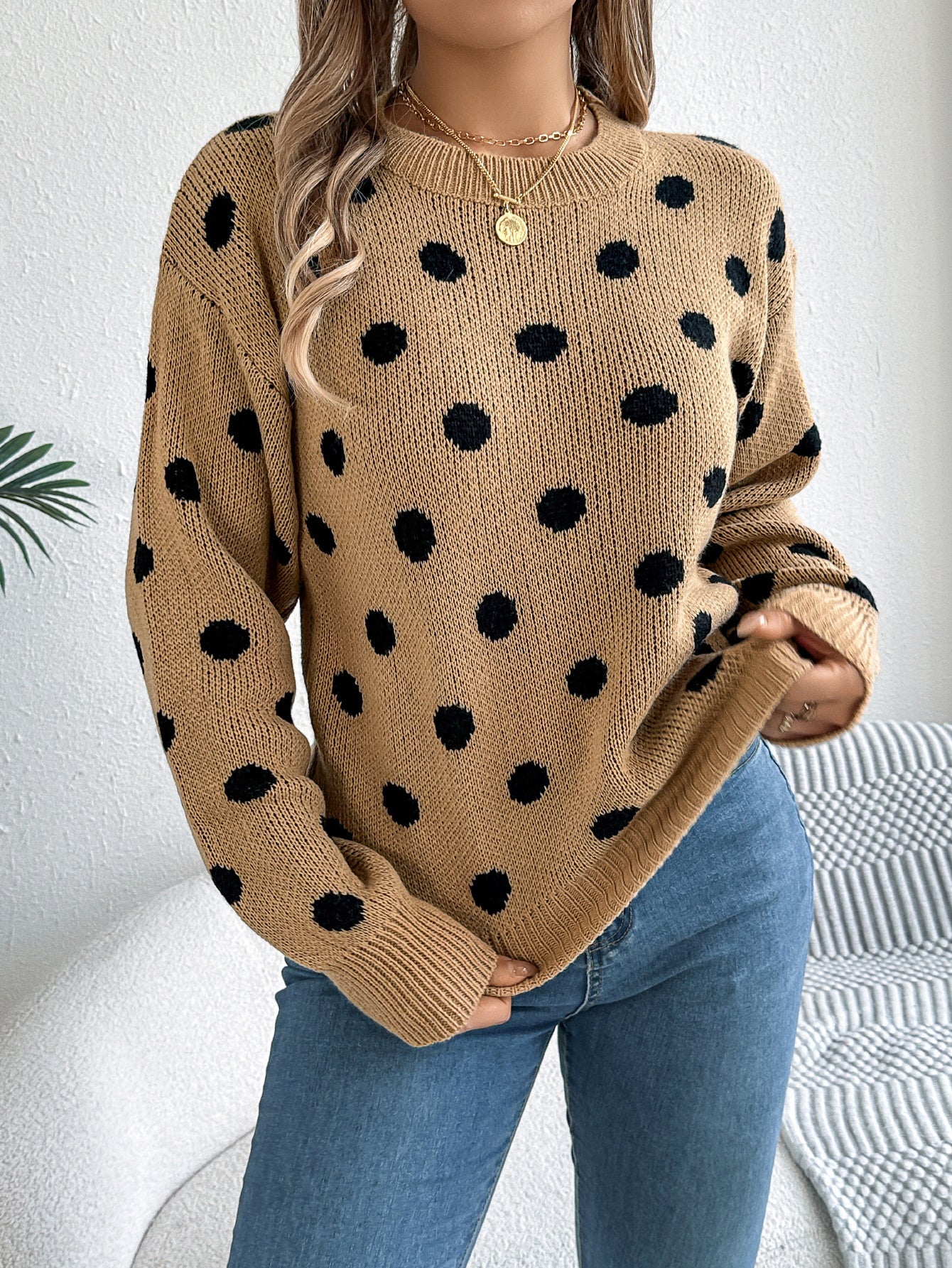 Casual Color Block Polka Dot Long Sleeve Pullover Sweater
