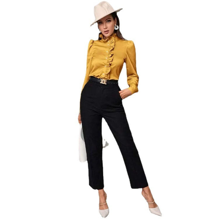 Women's Solid Color Simple Long-sleeved Ruffle Straight Shirt