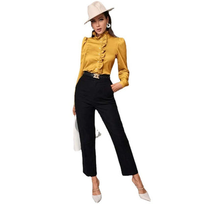Women's Solid Color Simple Long-sleeved Ruffle Straight Shirt