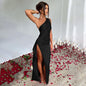 Women's One-Shoulder Satin Dress with Slit - Evening