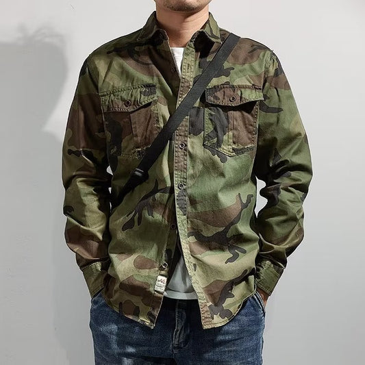 Men's Distressed Washed Camouflage Collar Casual Jacket