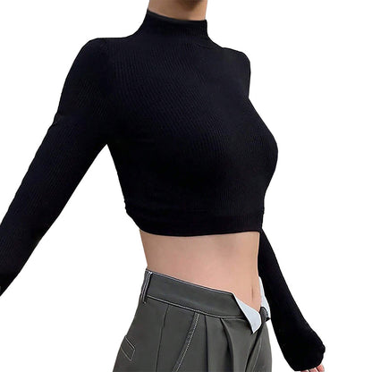 Semi-high Neck Slim-fit T-shirt Backless Sexy Design Short Long-sleeved Top