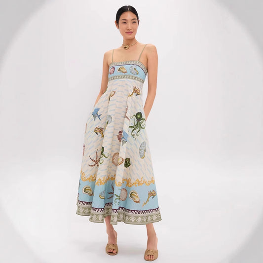 High-waisted Cotton-linen Printed Camisole Casual Fashionable Dress