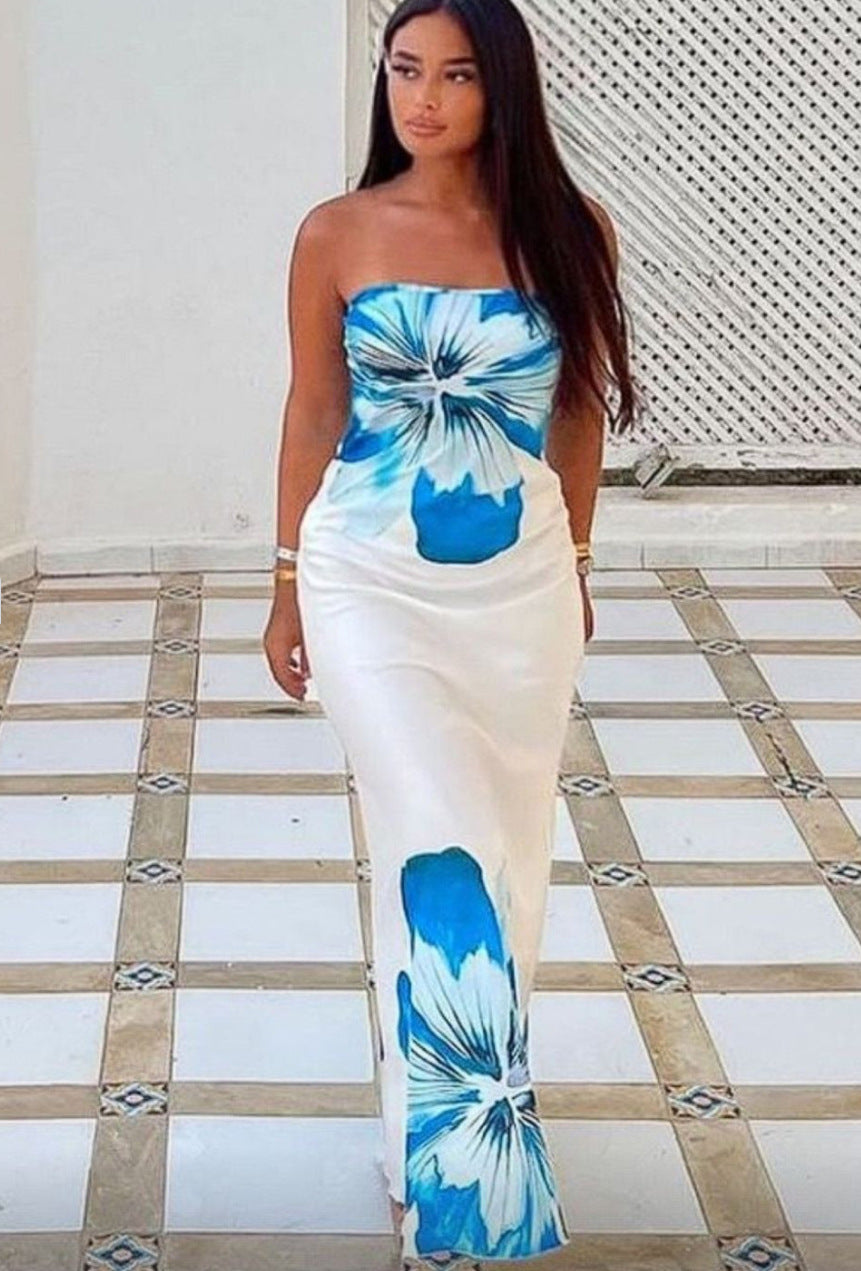 Lady's Sexy Strapless Slim-fit Printed Maxi Dress
