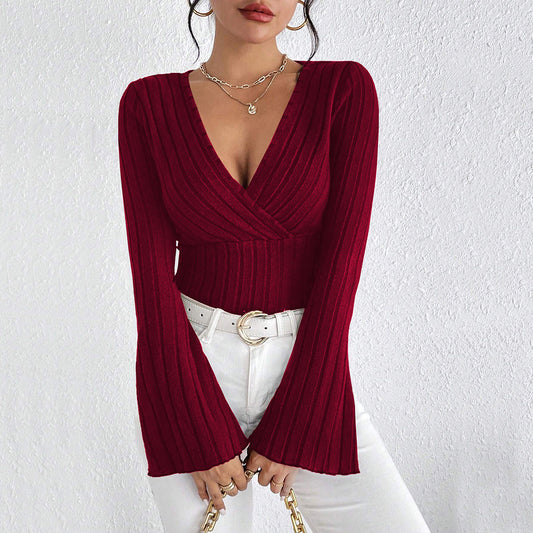 V-neck Flared Sleeve Wine Red T-shirt Slim-fitting Base Layer Top
