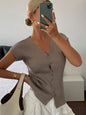 Women's Solid Color Casual Knit Fitted Shoulder V-neck Short Sleeve