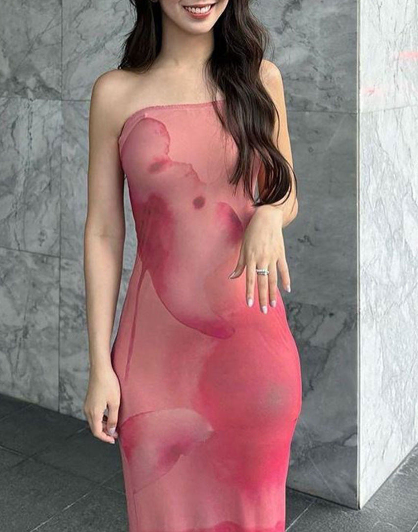 Lady's Sexy Strapless Slim-fit Printed Maxi Dress