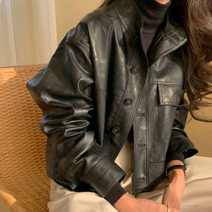 Autumn Simple Versatile Stand Collar Single-breasted Loose Long Sleeve