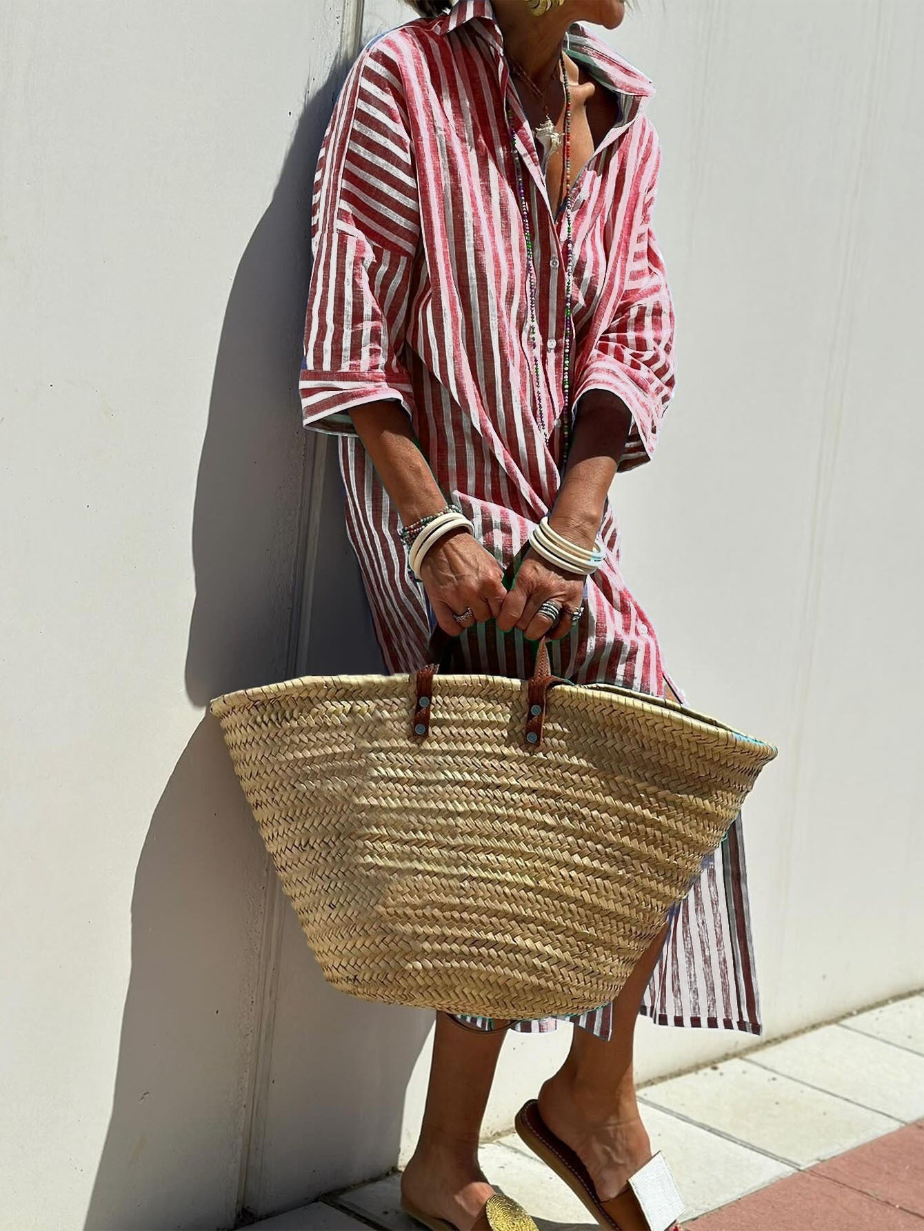 Women's Striped Shirt Dress with Belt - Half Sleeve