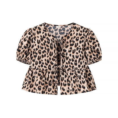 Sexy Leopard Print Bubble Sleeve Top Cardigan