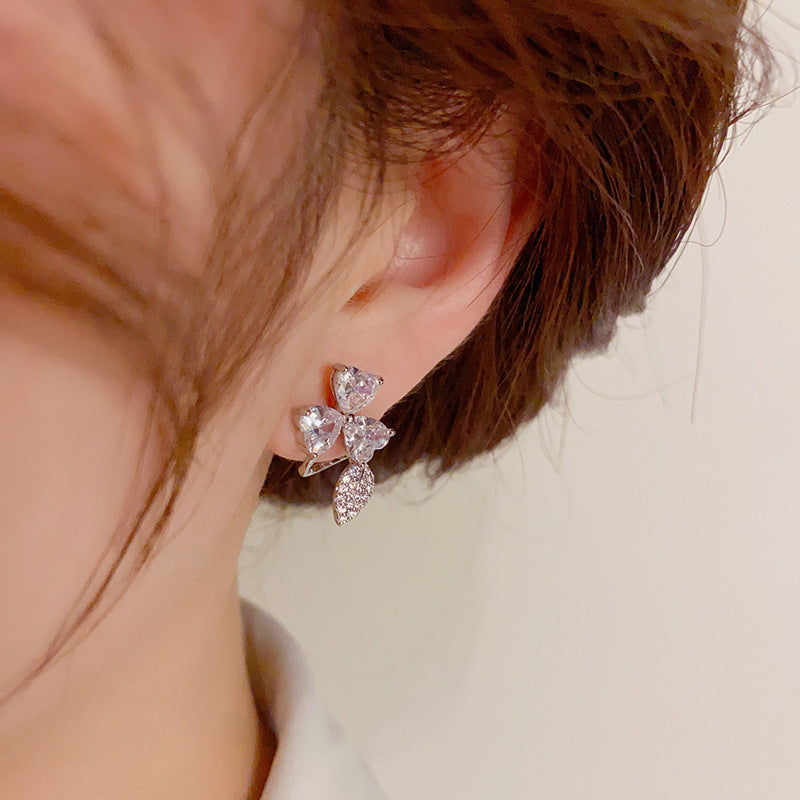 Female Personality Fashion Zircon Three Leaf Flower Earnail