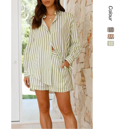 Women's Fashion Casual Polo Collar Striped Color Block Suit