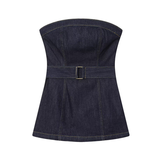 Denim Bustier Top With Belt And High-waisted Wide-leg Jeans
