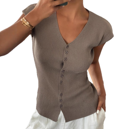 Women's Solid Color Casual Knit Fitted Shoulder V-neck Short Sleeve