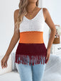 Casual V-neck Color-block Fringe Sleeveless Knitted Top Vacation Shirt