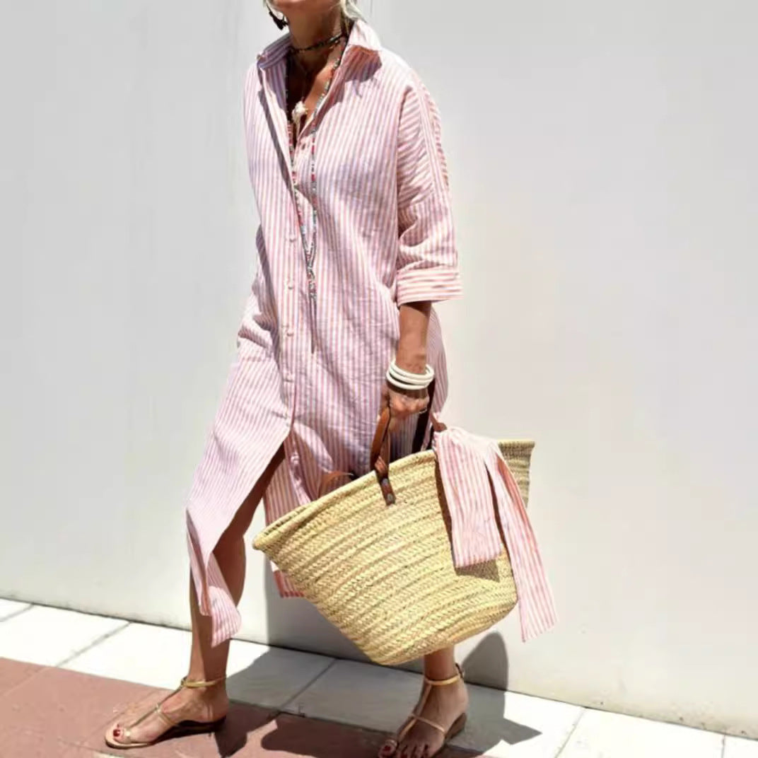 Women's Striped Shirt Dress with Belt - Half Sleeve