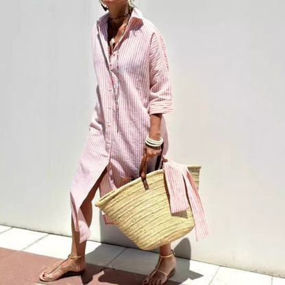 Women's Striped Shirt Dress with Belt - Half Sleeve