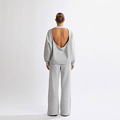 Round-neck Backless Knit Sweater Long Sleeve Pants Set For Women