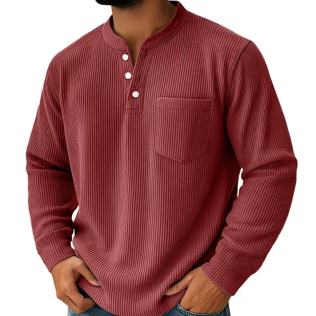 Corduroy Three-button Henry Collar Long-sleeved Shirt Polo Shirt