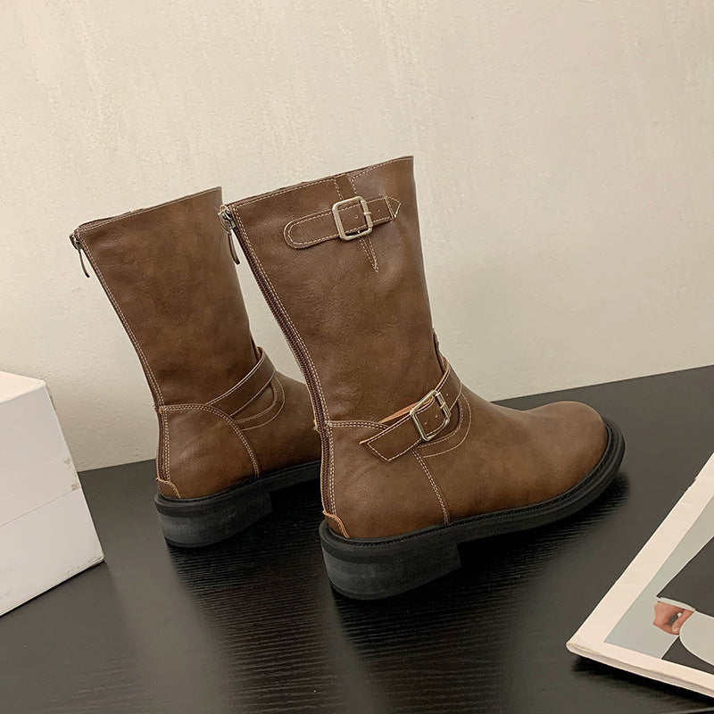 Women's Retro Western Cowboy Boots with Belt Buckle